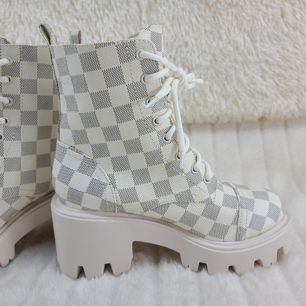 Off White Checker Pattern Platform Combat Boots